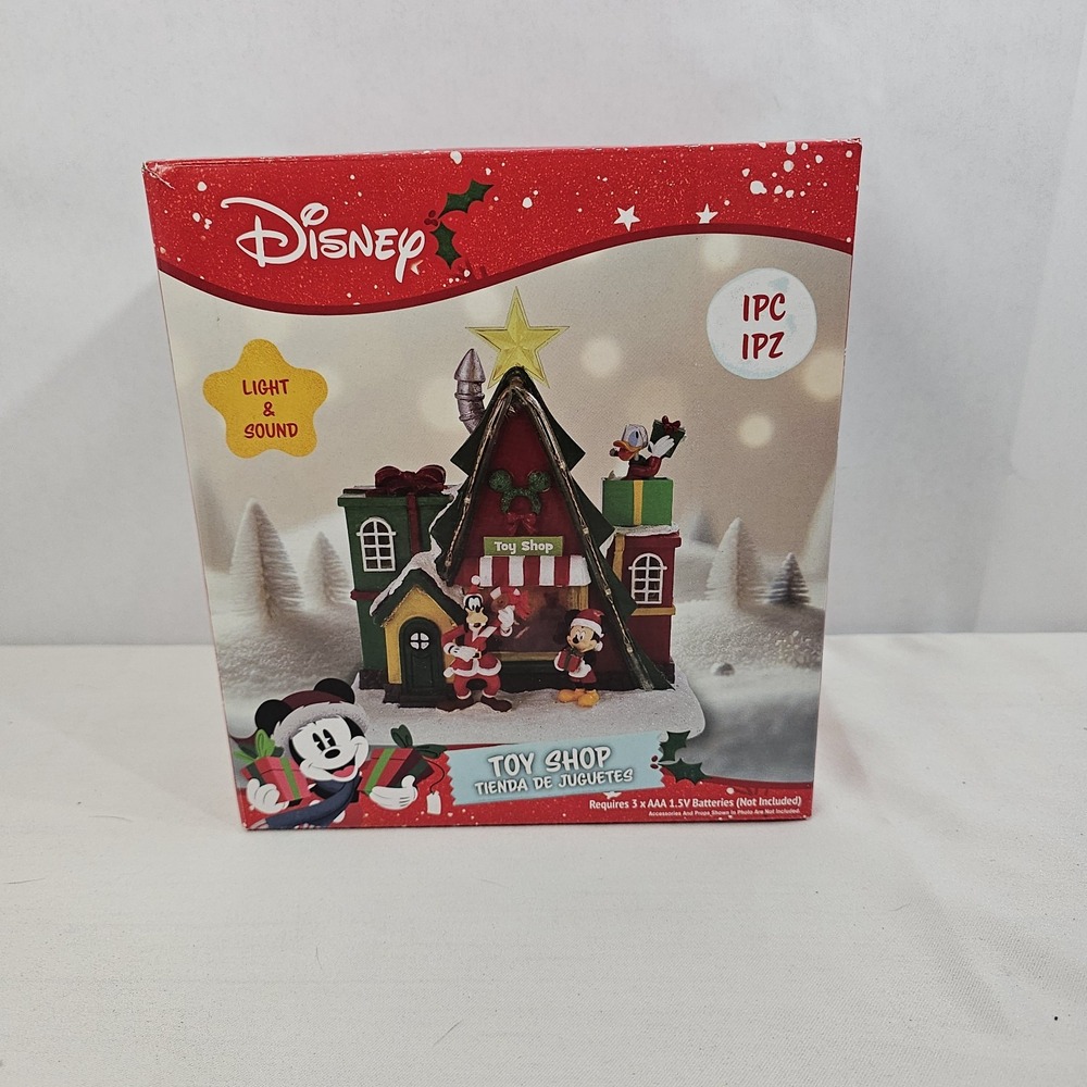 Disney Christmas Village Toy Shop Lights & 8 Christmas Songs Mickey Goofy Donald